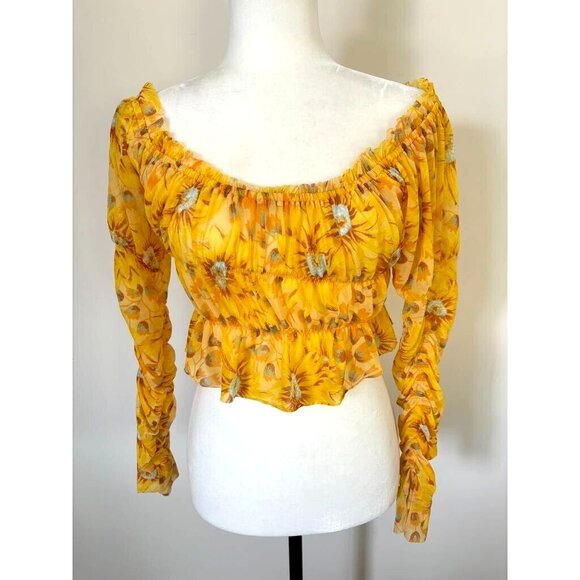 NWT URBAN OUTFITTERS Isla Top Sz Medium Yellow Sunflower Crop Top Ruched Sleeves - Picture 2 of 7